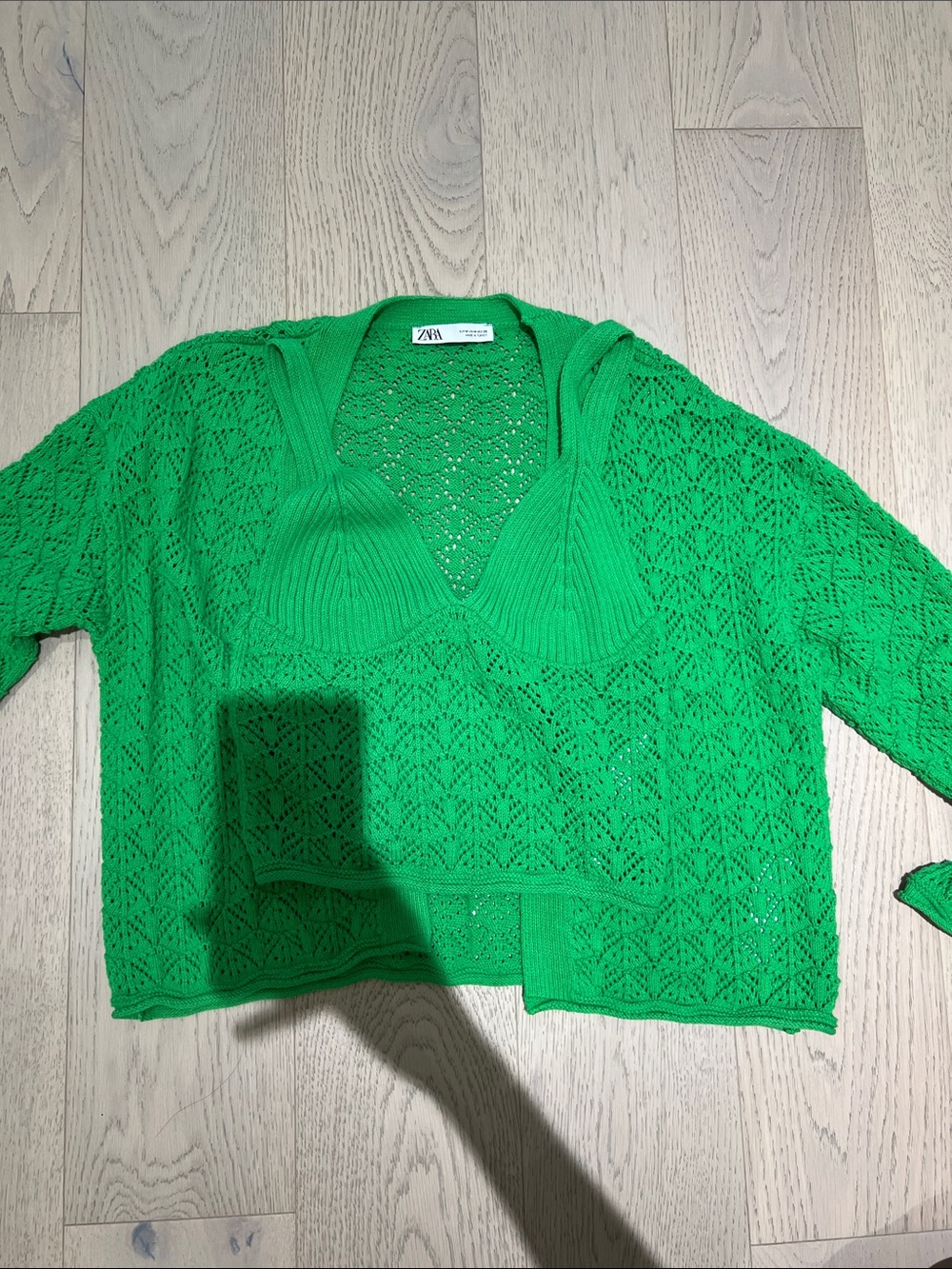 Zara Bright Green Open-Knit Sweater with Built-In Bralette